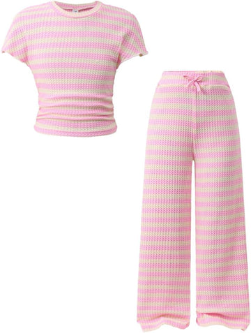 Piece Outfits Short Sleeve Striped Top & Wide Leg Pants Girls Fashion Casual Clothing Set