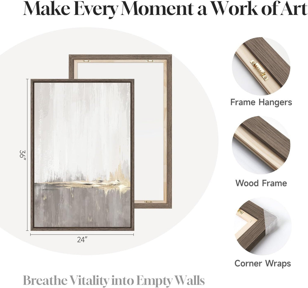 Framed Grey White Abstract Wall Art , 3 Piece Large Gold Neutral Canvas Prints Artwork for Walls, Gray Modern