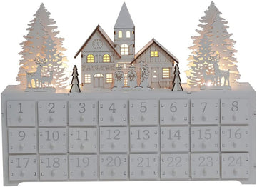 Christmas Wooden Advent Calendar House with 24 Drawers and LED-lit Scene, Countdown to Christmas Decoration to Fill