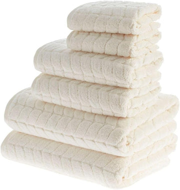 Turkish Cotton Bath Towels, Hand Towels - Soft Plush Jacquard Collection - Highly Absorbent Towel Set (Cream, 6 pcs