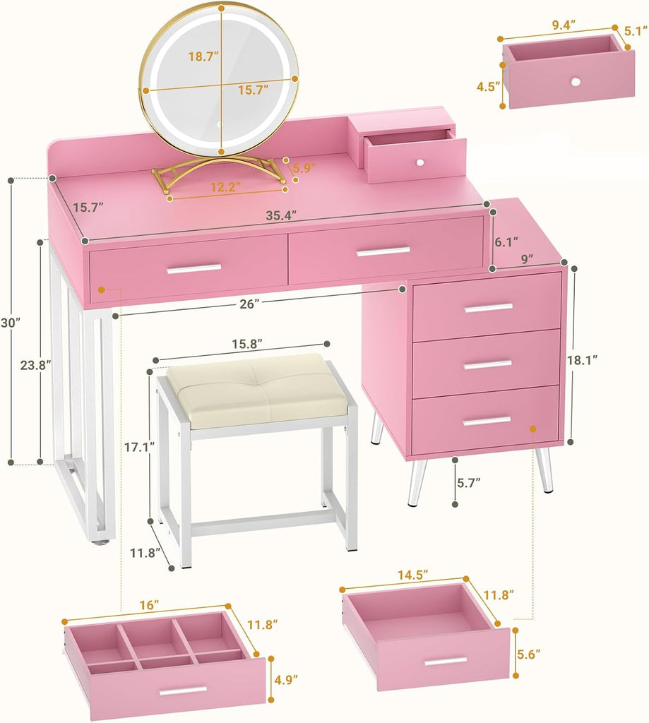 Pink Vanity Desk with Mirror and Lights, Modern Makeup Vanity Table Set with 6 Storage Drawers and Cushioned Stool