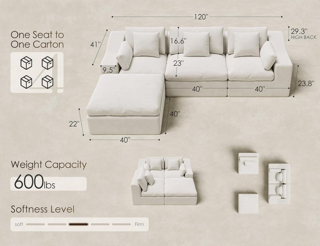 120" Oversized Cloud Couch, Modular Sectional Couches for Large Living Room (Warm White, 3 Seater + 1 Ottoman) |