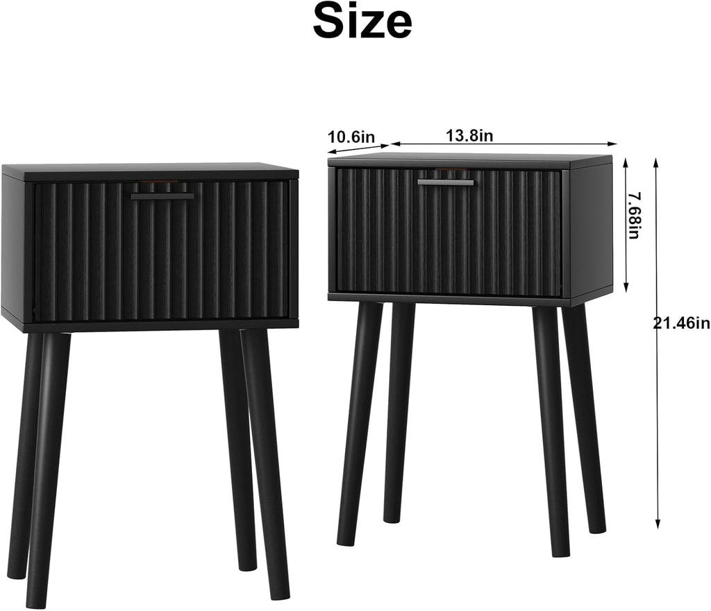Nightstands Set of 2, Small Side Table, Bedside Table with Fluted Door, Solid Wood Feet, Modern Mid-Century End Table