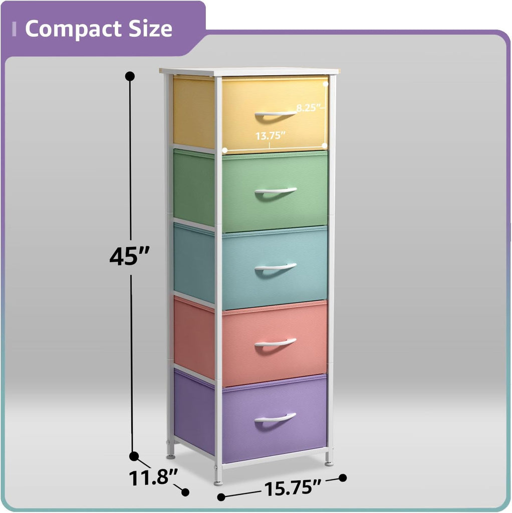 Fabric Dresser for Kids Bedroom - Chest of 5 Drawers, Tall Storage Tower, Clothing Organizer, for Closet, , Steel