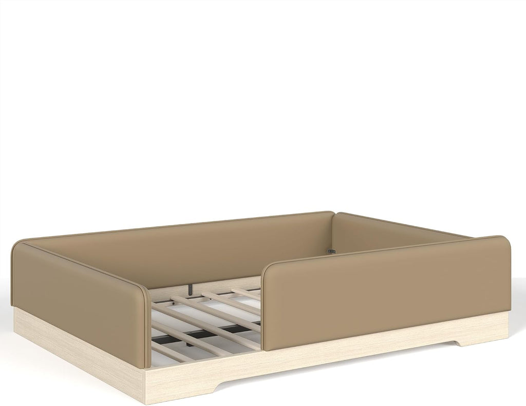 Kids Upholstered Low Bed Frame with Removable Guardrails, Montessori Floor Bed & Kids Daybed for Boys Girls, Queen