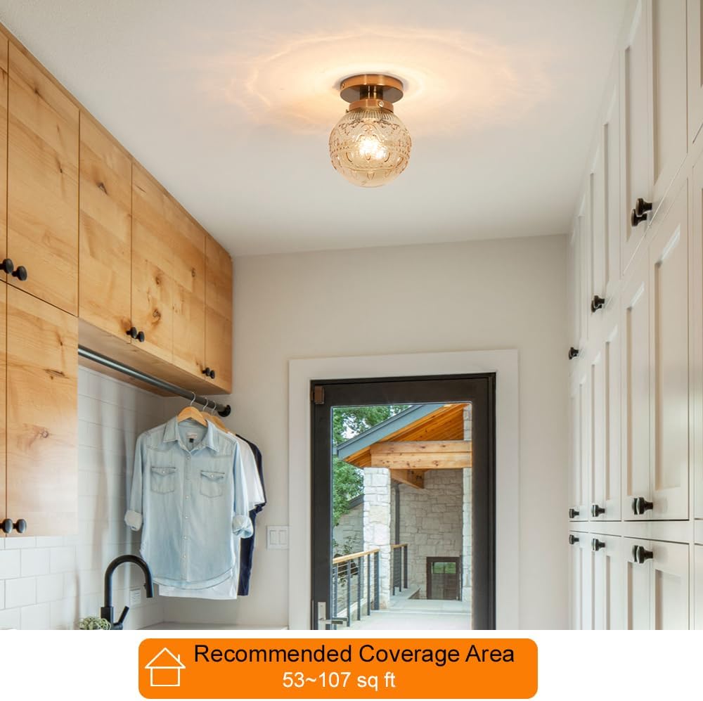 Semi Flush Mount Ceiling Light, Gold Vintage Kitchen Ceiling Lighting Fixture, Amber Globe Glass Close to Ceiling
