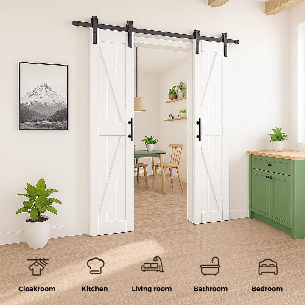 18in x 84in MDF Double Barn Door with 6FT Sliding Door Hardware Kit, Solid Barn Door Slab Covered wi