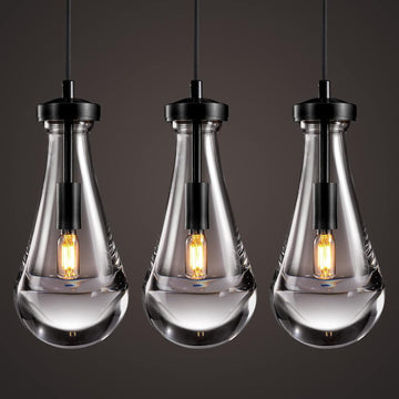Raindrop Pendant Lights Kitchen Island Set of 3 Teardrop Black Hanging Light Fixtures Clear Solid Glass Pendant Light Modern Chandeliers for Dining Room Porch Corridor Living Room