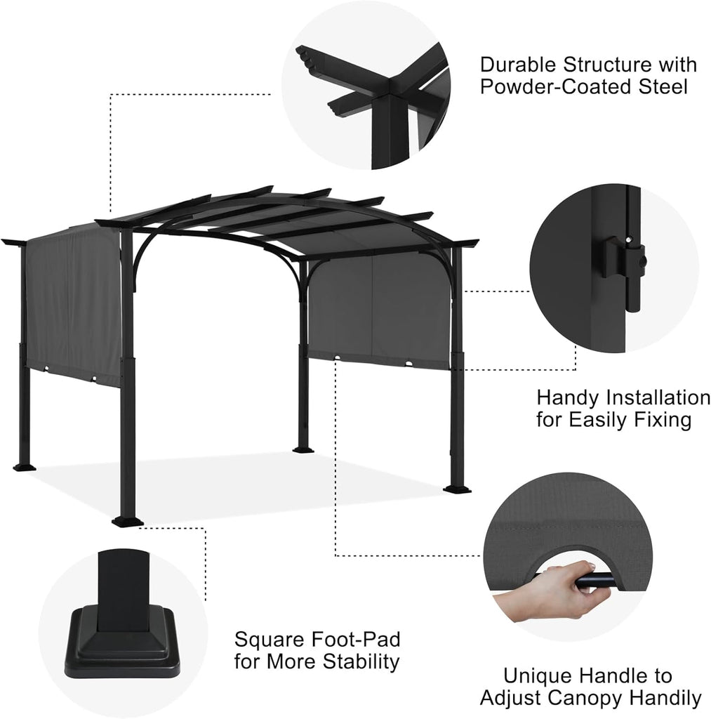 Outdoor Pergola 10'x12', Arched Patio Gazebo with Retractable Sun Shade, Dary Gray