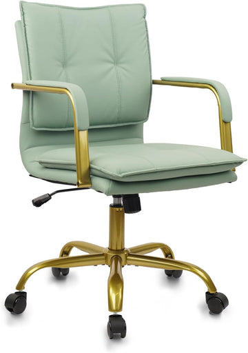 Leather Home Office Desk Chairs, Swivel Mid-Back Computer Chair with Golden Legs and Arms, Comfy Upholstered Task