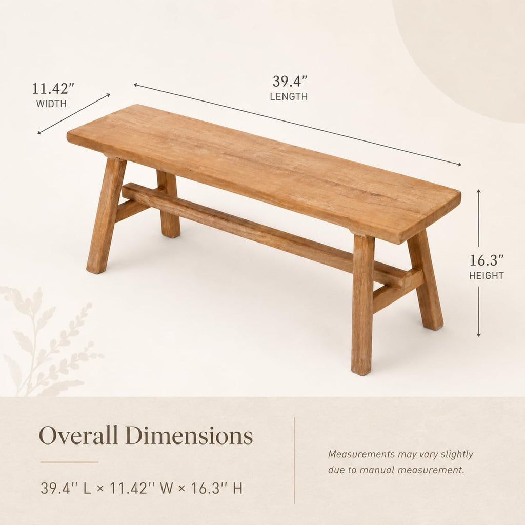 Solid Wood Bench, 39.4" Entryway Bench, Rustic Farmhouse Wooden Bench Indoor, Long Narrow Wood Bench End of Bed