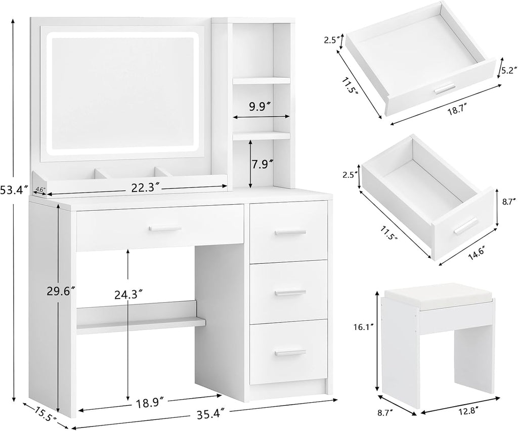 Vanity Desk with Mirror and Lights, 4 Drawers & Benches Vanity Desk Set, 3 Color Lighting Modes Adjustable Brightness