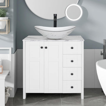 32" White Bathroom Vanity with Marble Top & 4 Drawers - Modern Freestanding Vanity Cabinet