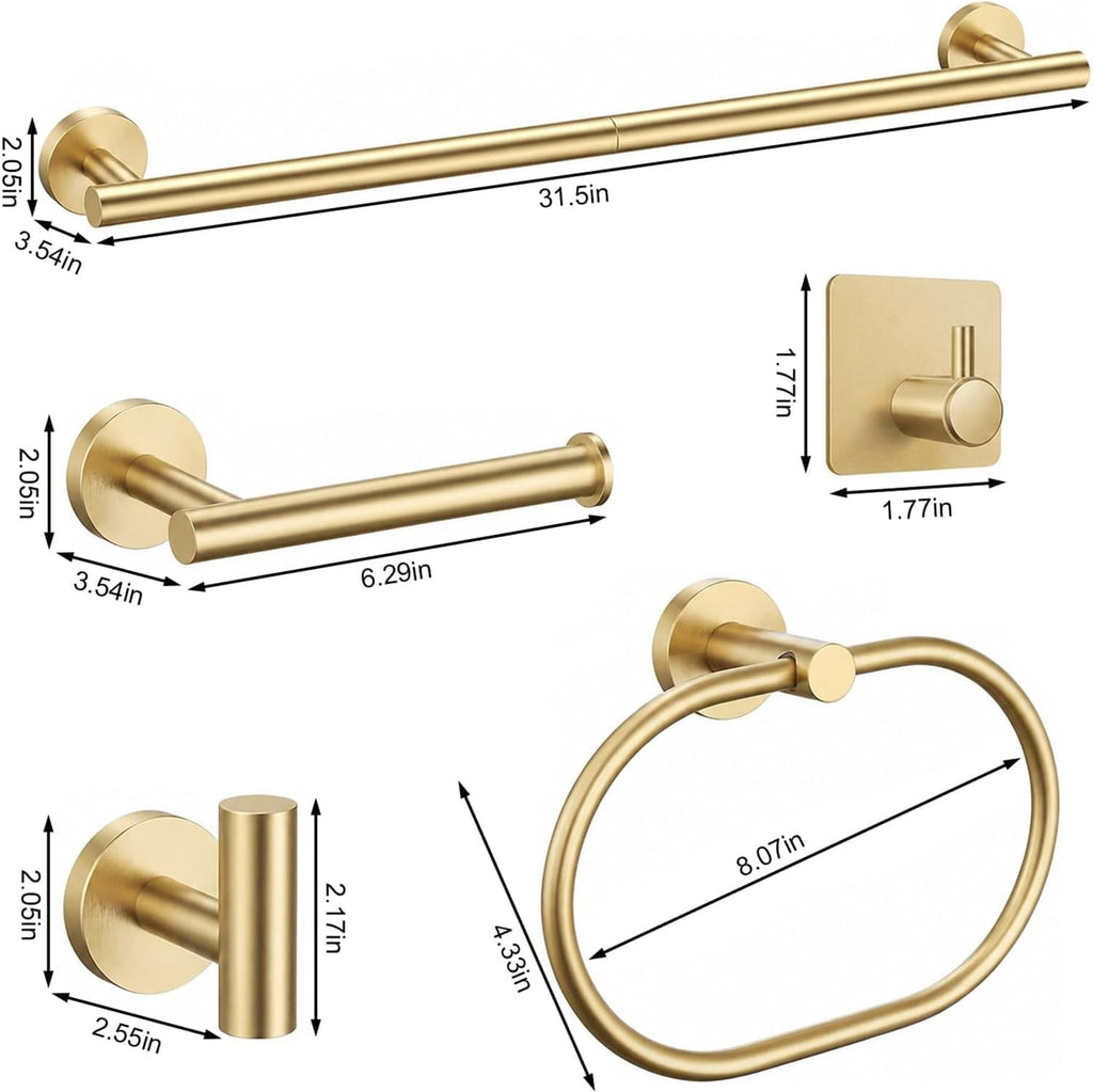 Brushed Gold Bathroom Accessories Set, 7 Pieces Gold Towel Bar Bathroom Hardware Set, 31.5 Inch Towel Racks , SUS304