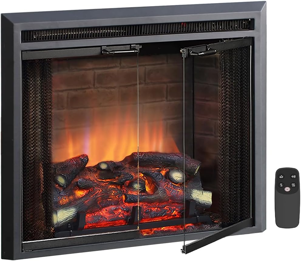 26 Inch Electric Fireplace Insert with Glass Door, Mesh Screen, Fire Crackling Sound, 750W/1500W Freestanding Heater, Black