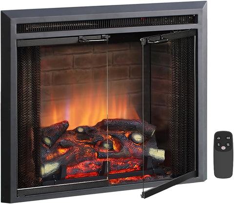 26 Inch Electric Fireplace Insert with Glass Door, Mesh Screen, Fire Crackling Sound, 750W/1500W Freestanding Heater, Black