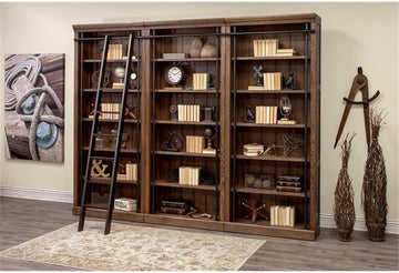 Avondale 120" W Contemporary Wood Bookcase Wall with Ladder Storage Organizer Display, 5 Adjustable Shelves