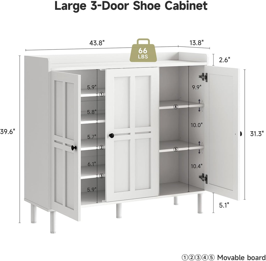 Shoe Cabinet with 3 Doors and Adjustable Shelves, 30 Pairs Shoe Storage Cabinet, 40 Inch Tall Farmhouse Shoe Rack