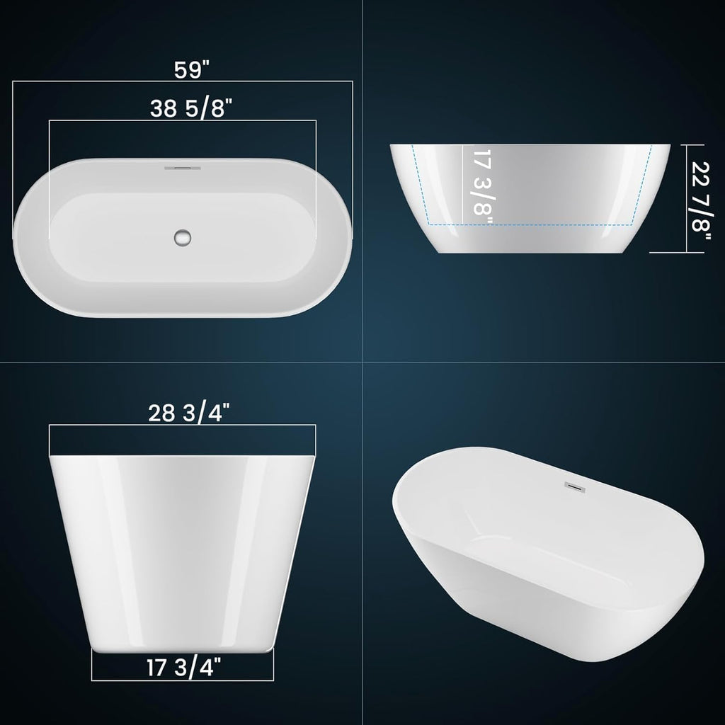 Freestanding Bathtub 59 Inch, Oval Acrylic Stand Alone Tub with Chrome Drain, Modern White Soaking Tub for Bathroom