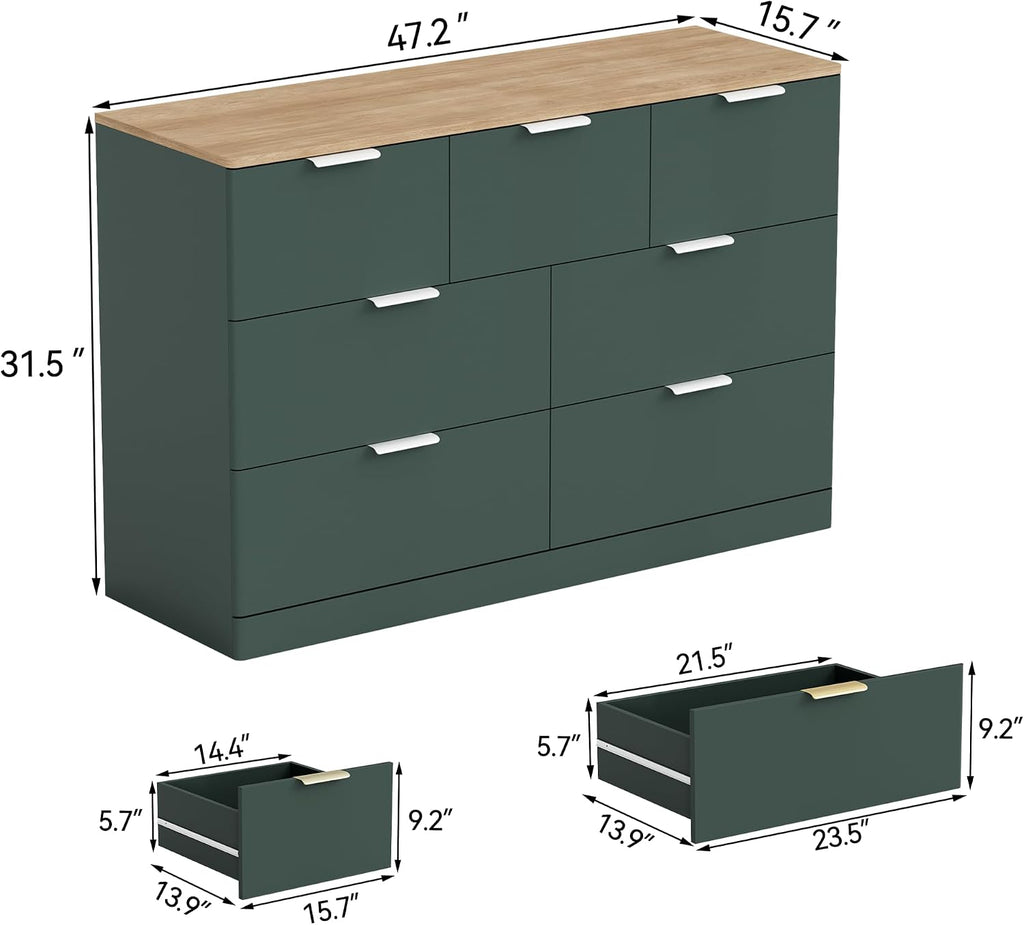 7 Drawer Dresser , 47.2" Wide Modern Chest of Drawers with 7 Large Storage Space with Curved Edge Design, Large