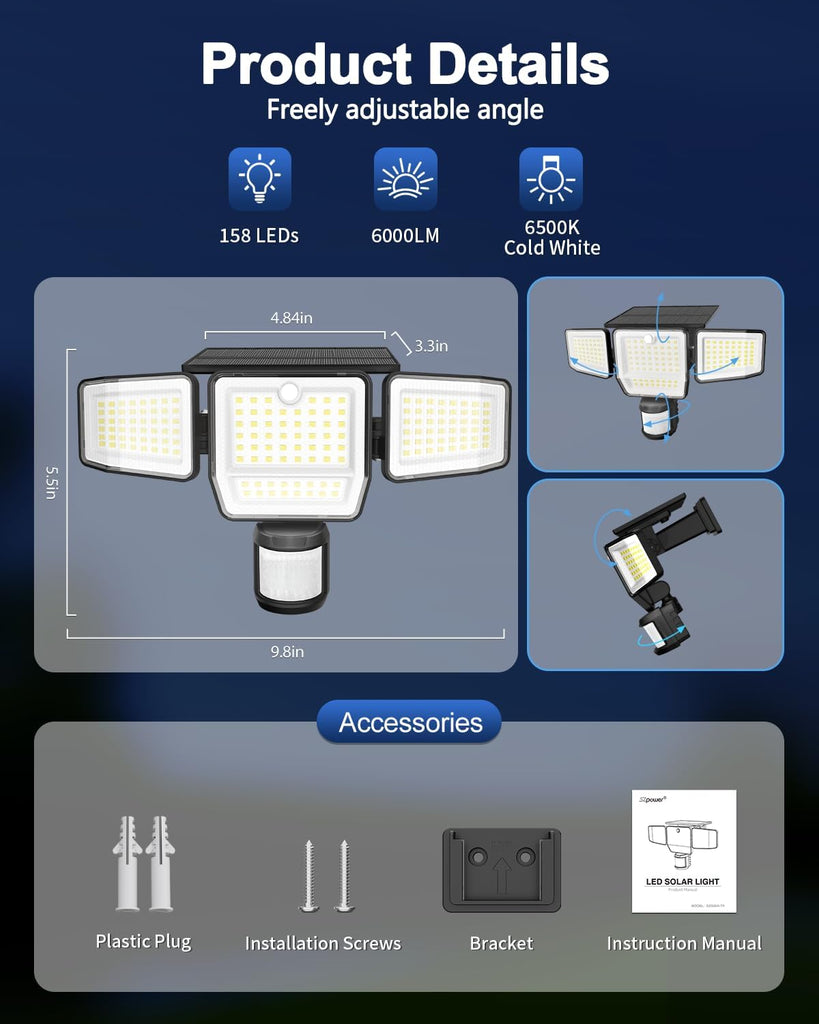 6000LM Solar Lights Outdoor, 4 Heads Motion Sensor Outdoor Lights, Solar Flood Lights for Yard House Outside Garage