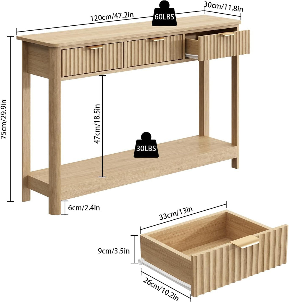 Fluted Wood Console Table with 3 Drawers, Boho Narrow Behind Couch Entryway Table with Open Storage Shelf, Modern