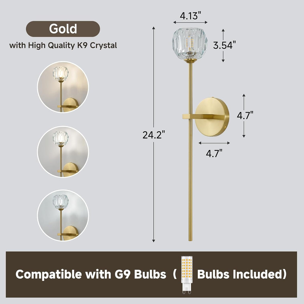 Gold Crystal Wall Sconces Set of Two with G9 Bulbs, Mid Century Modern Diamond Light Brass Vintage Long Lighting