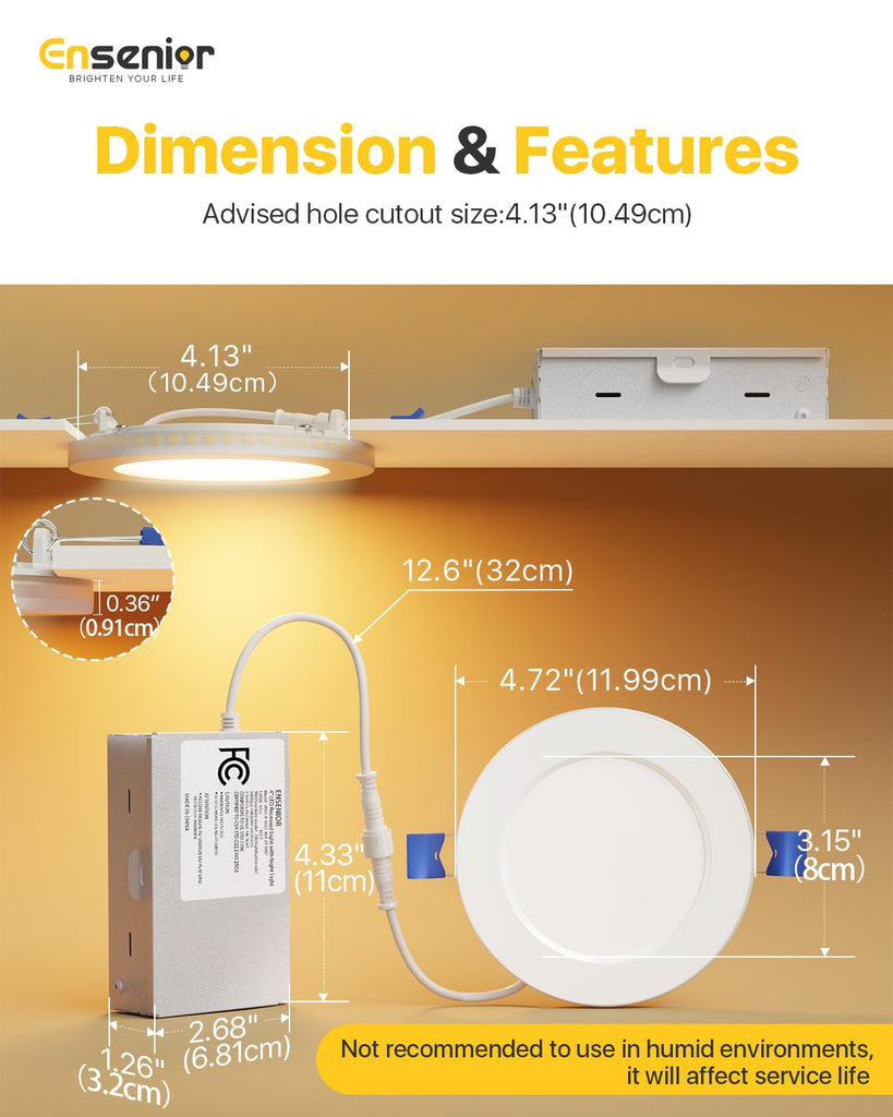 12 Pack 4 Inch LED Recessed Ceiling Light with Night Light, Dimmable, 2700K-5000K 5CCT, 750LM 9W 120V, High