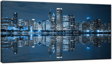 Modern City Wall Art Chicago Downtown at Night Picture Print on Canvas Building Artwork Living Room Wall Decoration