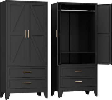 Armoire Wardrobe Closet with Drawers & Hanging Rod, 71'' Metal Wardrobe Closet with Doors & Adjustable Shelf