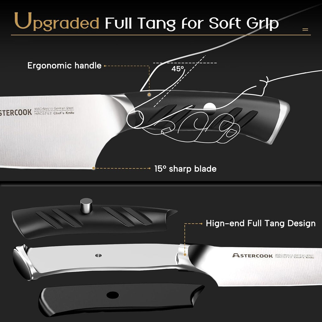 Knife Set, Kitchen Knives Set with Block and Dual Sharpener Full Tang 15 Pcs German Stainless Steel Knives Sharp
