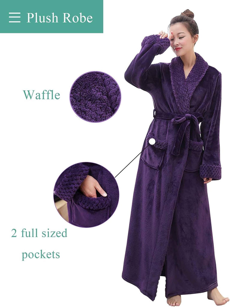 Womens Long Fleece Robe: Plush Flannel Warm Bathrobes | Winter Soft Shawl Collar Bath Robe with Adjustable Waist Belt