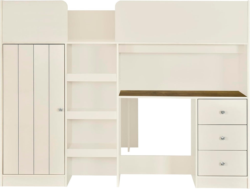 Full Loft Bed with Desk, Wood Full Loft Bed Frame with Built-in Wardrobe, Storage Shelves and Drawers, Beige