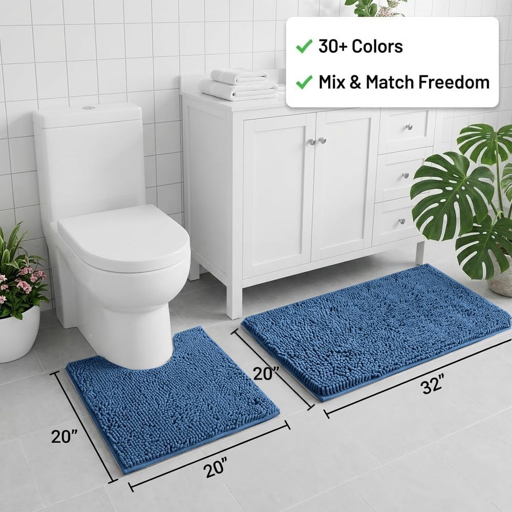 Bathroom Rugs Sets 2 Piece,Super Absorbent Chenille Bath Mats and U-Shaped Toilet Rug,Strong PVC Non Slip