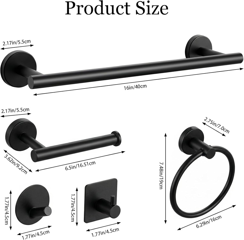10-Piece Matte Black Bathroom Hardware Set, 16in SUS304 | Wall-mounted Towel Racks, Hand Towel Holder Decor