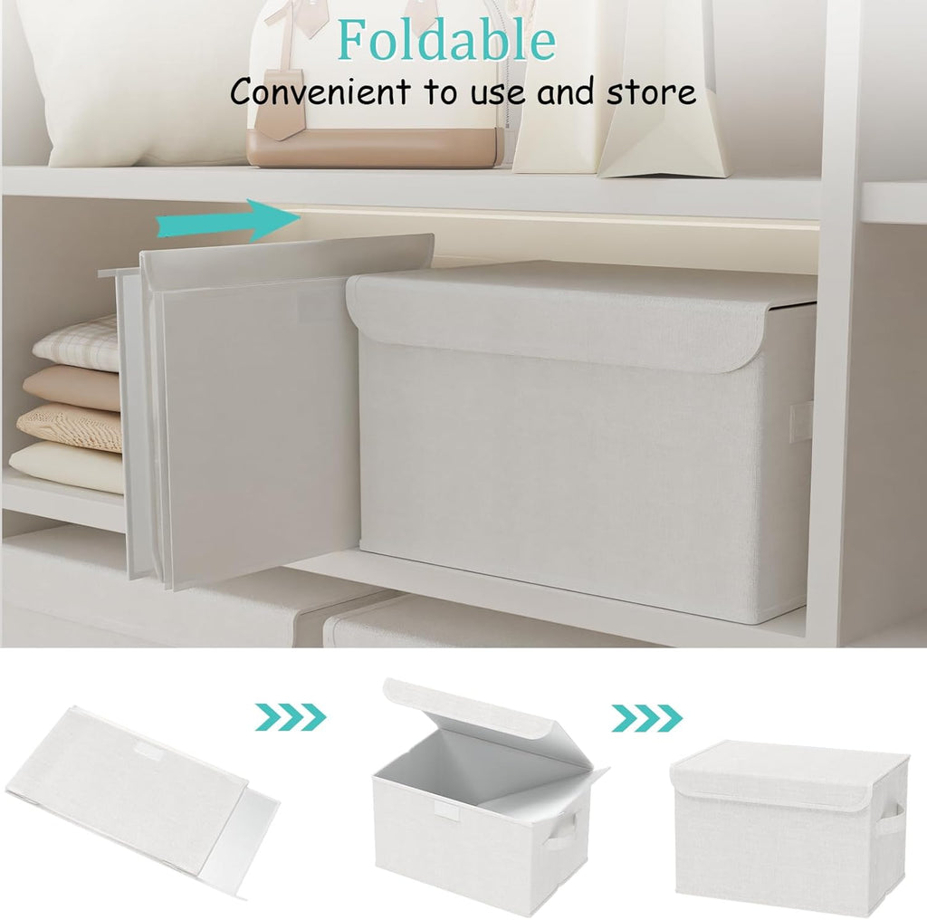 Bin with Lid, Closet Boxes, 4 Pack, White, 10.2x7.9x6.7 In | Fabric Clothing Basket with Cover, Collapsible Stackable