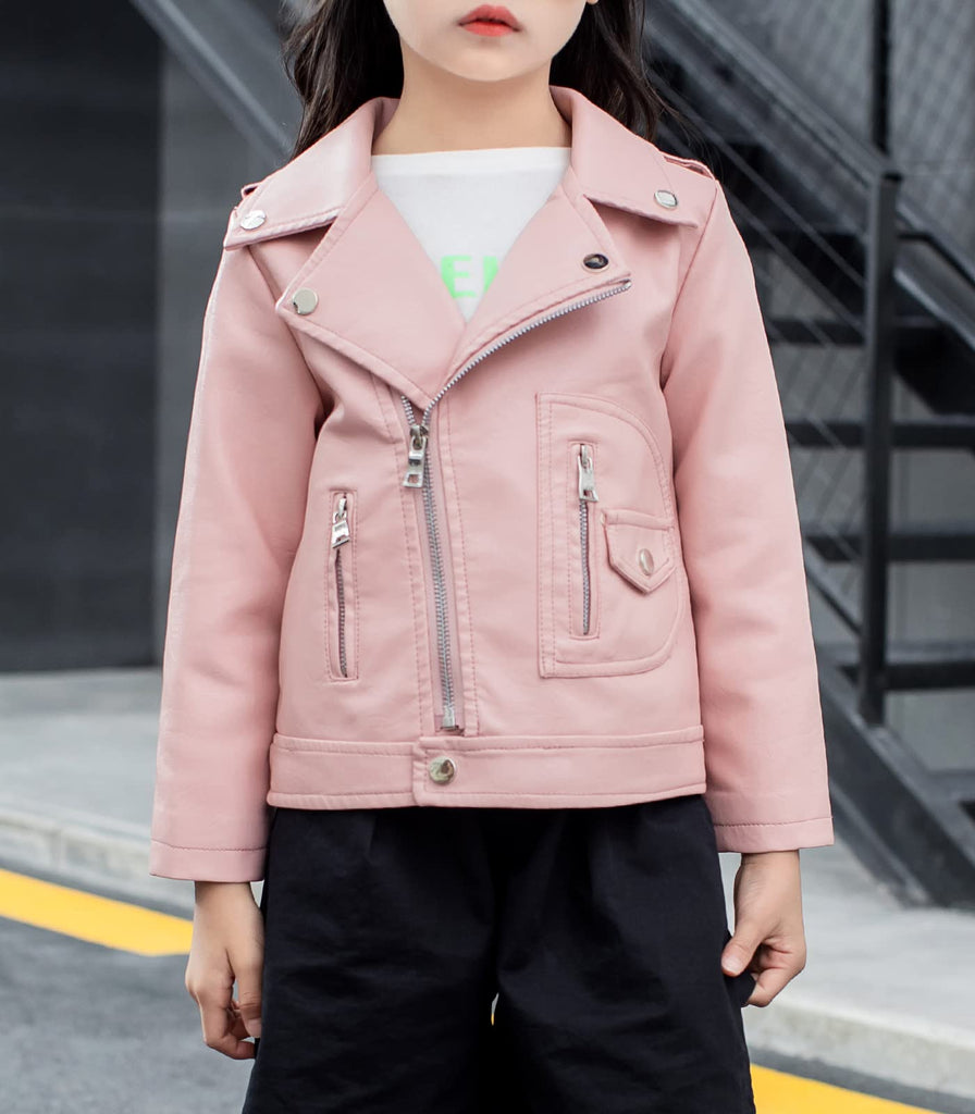 Girls Faux Leather Motorcycle Biker Jacket, Pink, 100