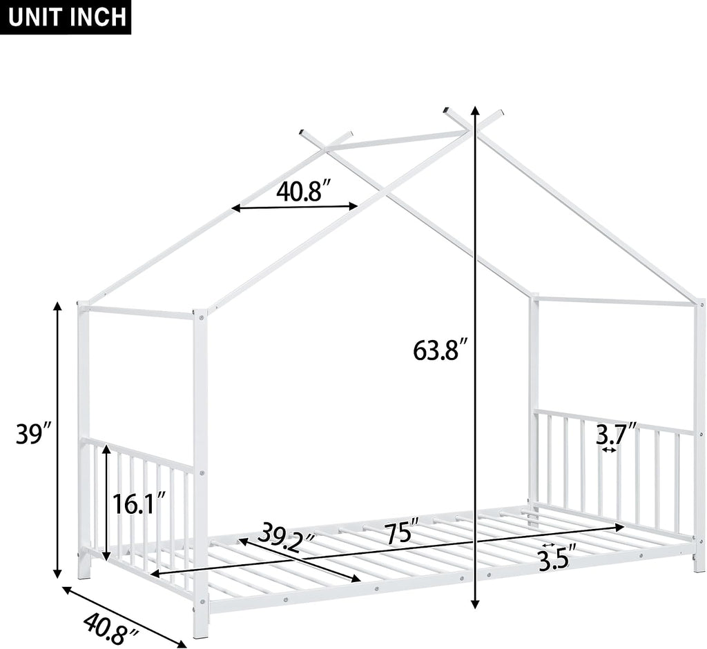 Twin Size Kids Montessori Floor Bed,Houe Bed Frame with High Headboard,Twin Floor Bed with Roof for Boys Girls,Floor