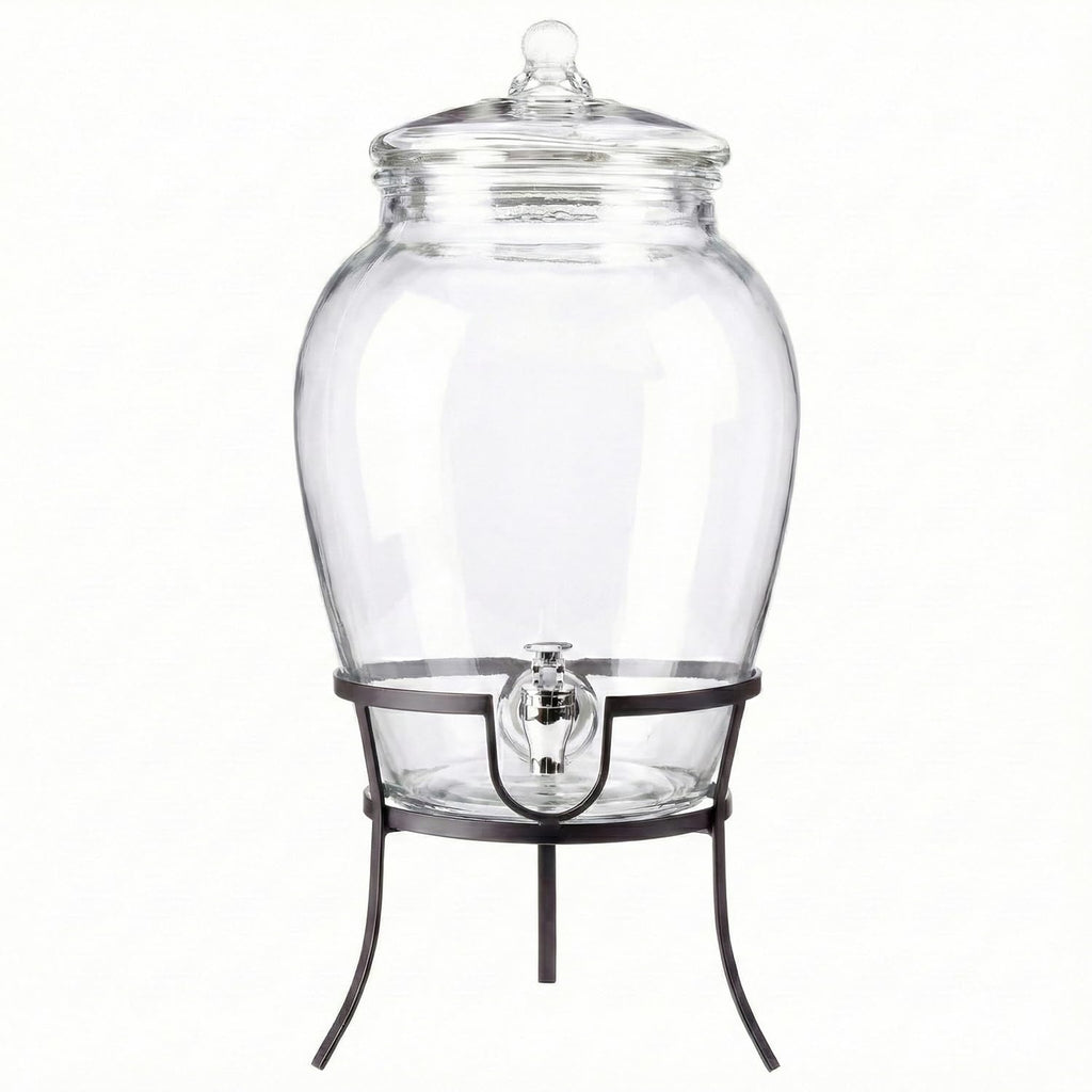 Glass Beverage Drink Dispenser with Metal Rack Stand, 2.64 Gal