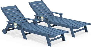 HDPE Outdoor Lounge Chair Set of 2 with Cup Holder, Blue | with 5 Position Adjustable Backrest & Rolling Wheels