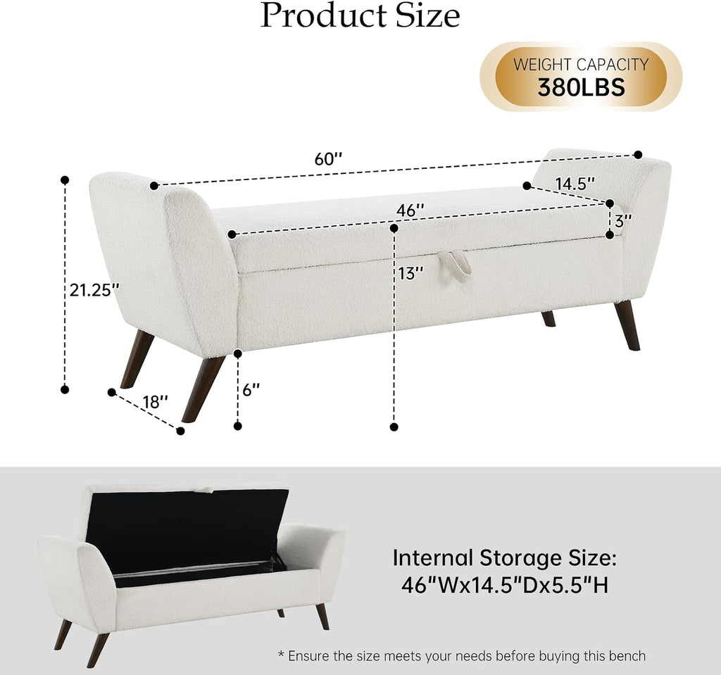 60" Storage Ottoman Bench, Teddy Fabric End of Bed Bench King Size with Solid Wood Legs, Large Hidden Storage (Beige)
