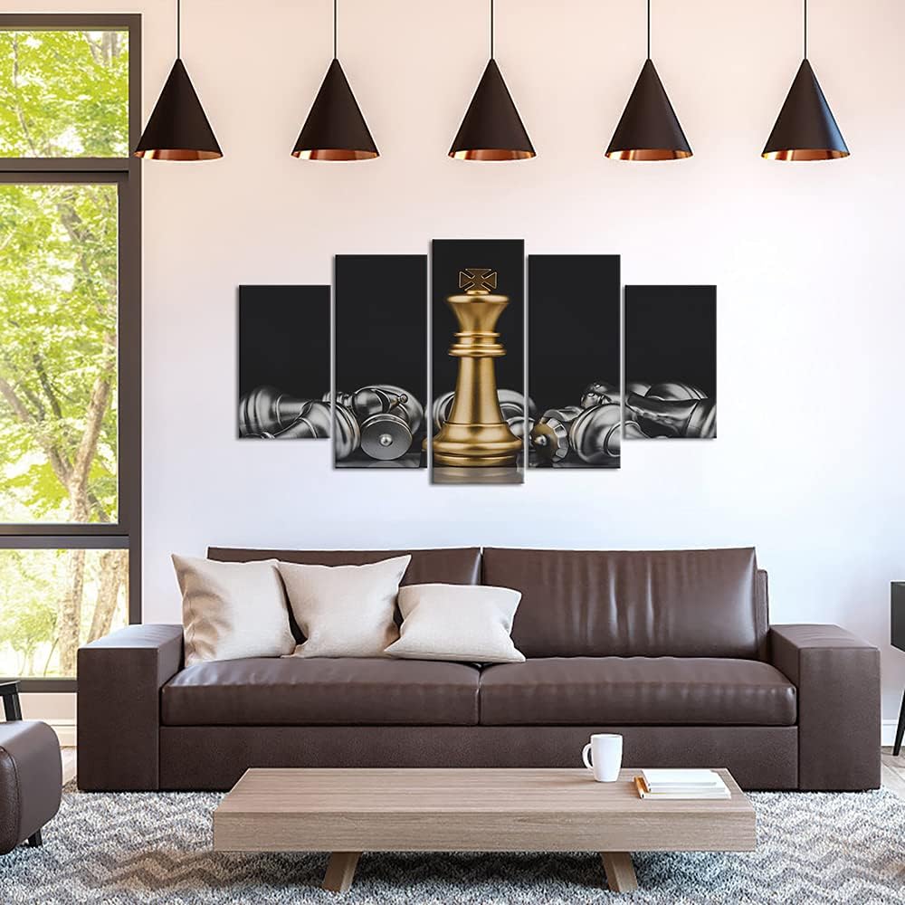 5 Panel Chess Canvas Wall Art Prints King and Knight Game Picture Painting Black and Gold Artwork Decoration Ready to
