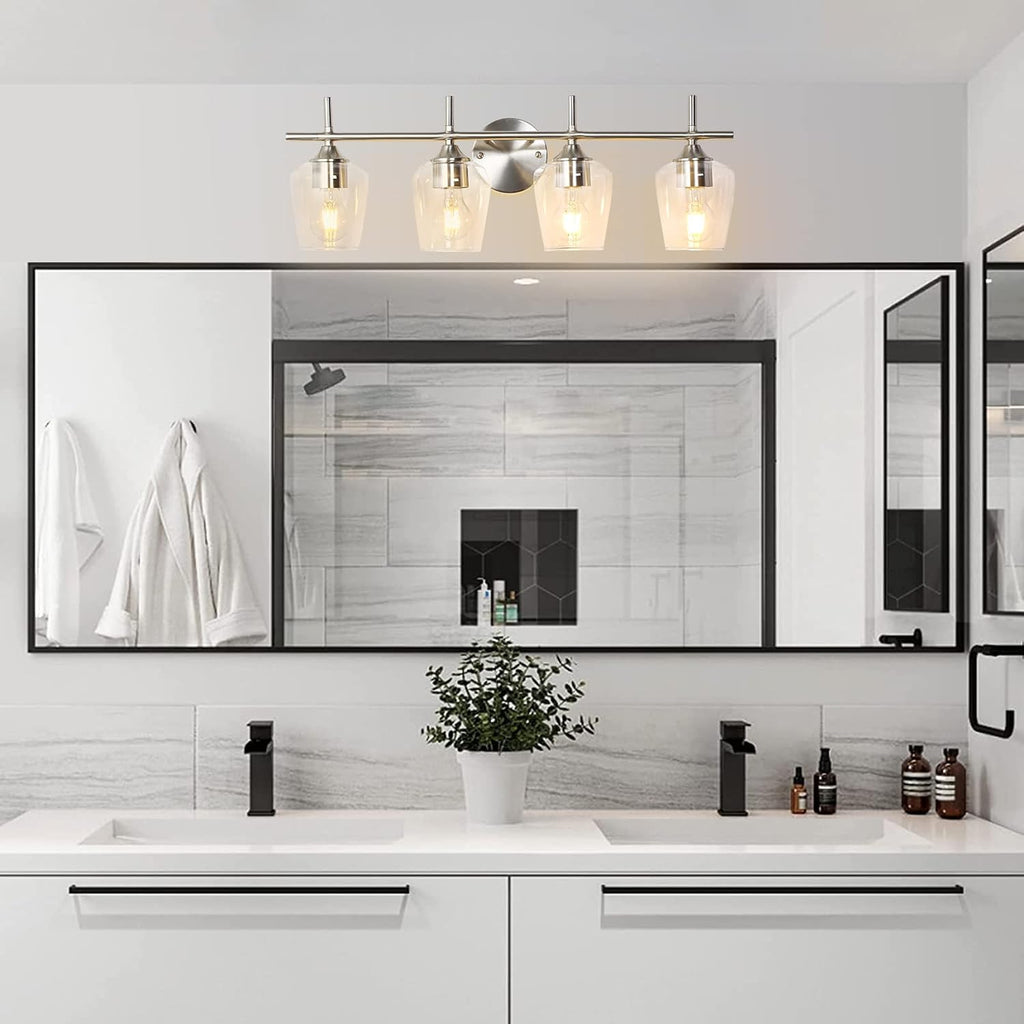 Bathroom Light Fixtures 4-Light Brushed Nickel Vanity Light | Win Glass Clear Shade, Modern Wall Lights Bedroom