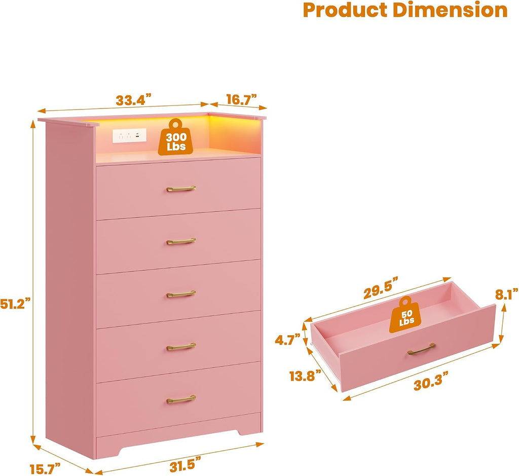 5 Drawer Dresser - 51" Tall Vertical Chest of Drawers with LED Light and Charging Station, Modern Organizer Cabinet