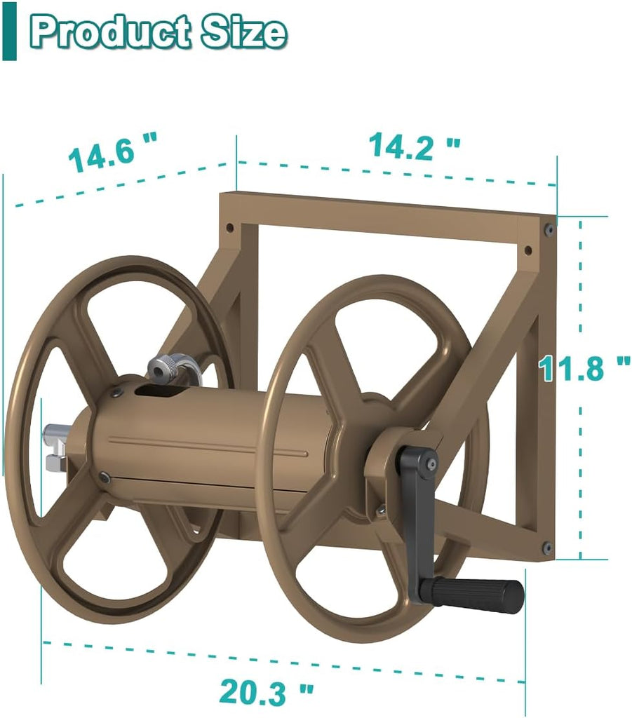 Garden Hose Reel Wall Mounted, Outdoor Heavy Duty Powder Coated Metal Water Hoses Holder Winder Holds 125 ft 5/8"