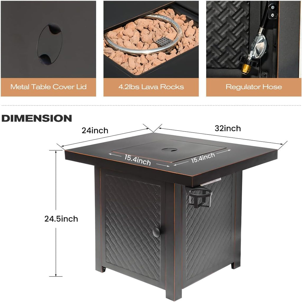32'' Propane Fire Pit,50000 BTU Gas Firepit Table with 2 Drink Holders