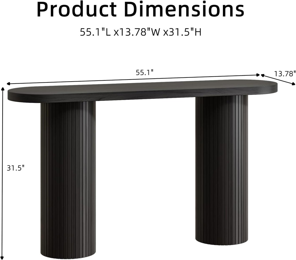 55 Inch Entryway Console Table, Sofa Table Narrow Long Behind Couch, Black | Fluted Design, Oval Wood Table