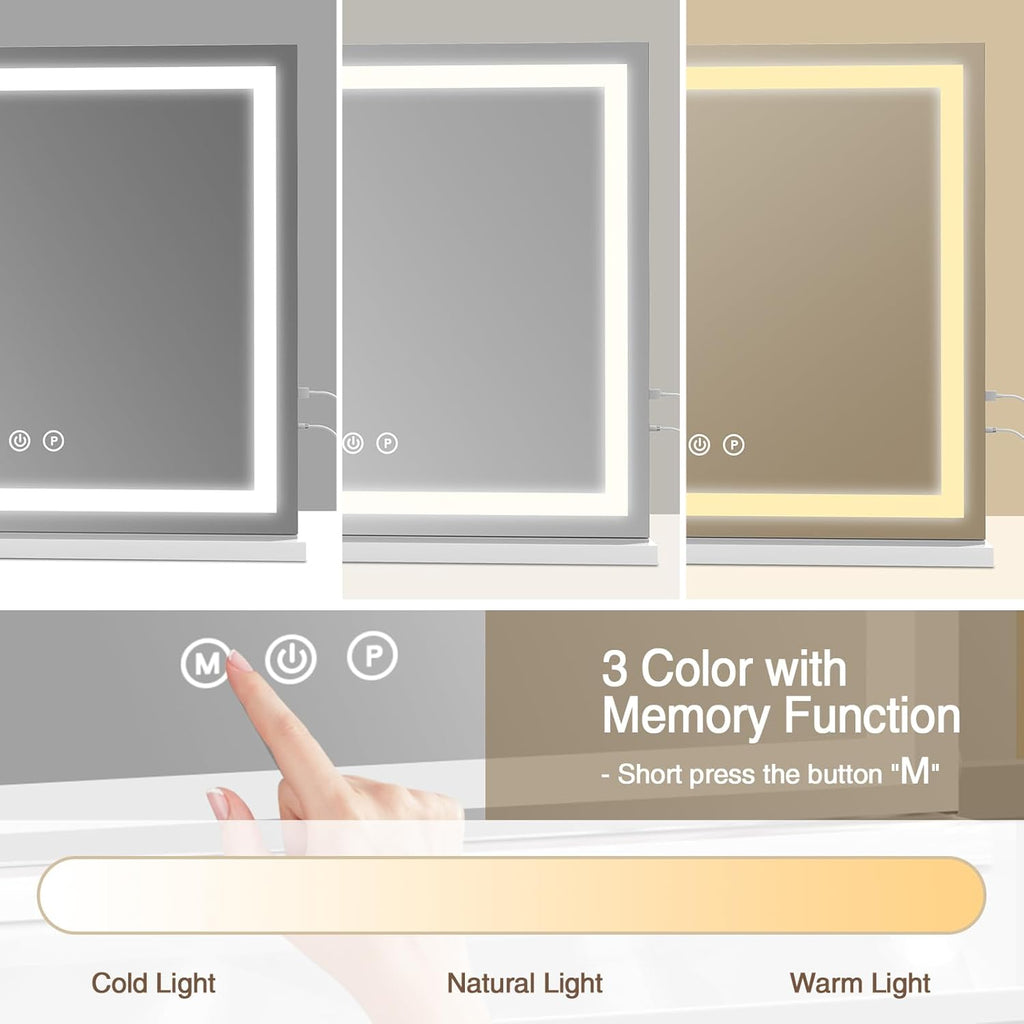 Large Lighted Vanity Mirror, 23" x 19" Light Up Make up Mirror with Smart Touch 3 Colors Dimmable, Tabletop or Wall