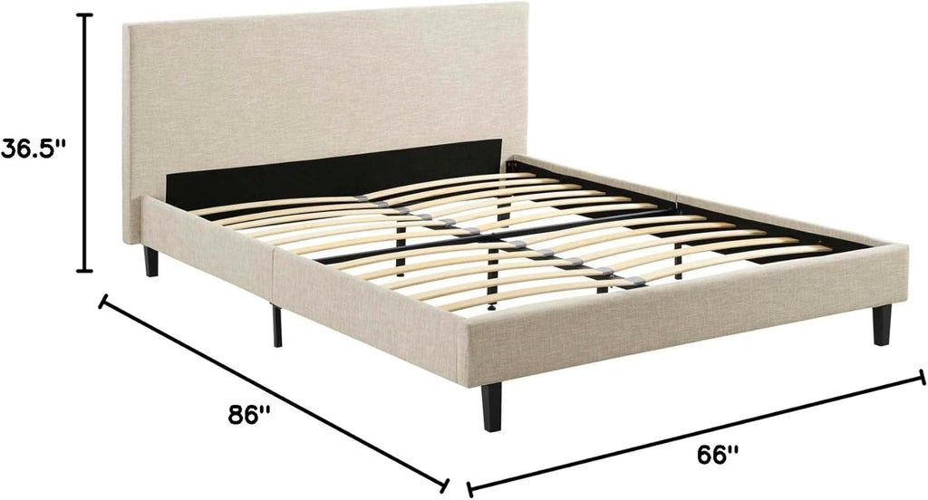 Anya Upholstered Beige Platform Bed with Wood Slat Support in Queen