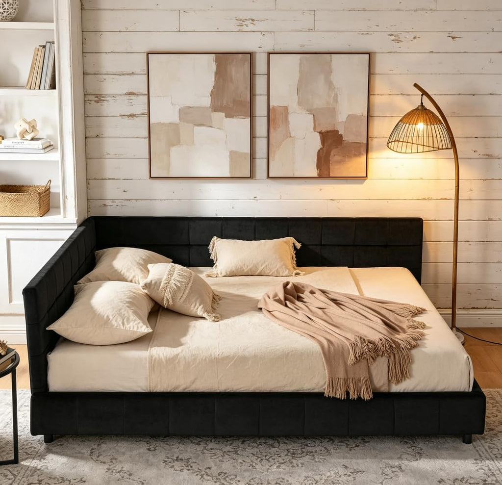 Queen daybed, Queen Corner Bed, Upholstered Sofa Bed Frame with Comfortable Backrest and Armrests for Kids,Adults